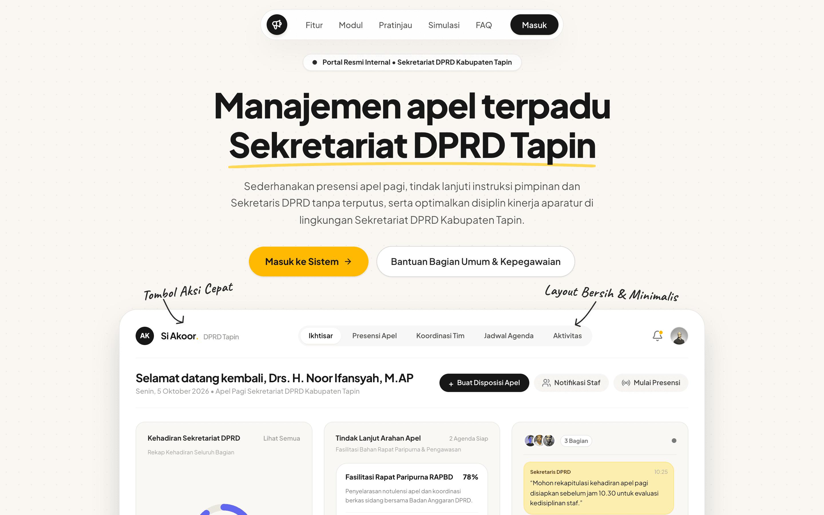 Tangkapan layar halaman utama aplikasi Si Akoor — presensi & kinerja pegawai